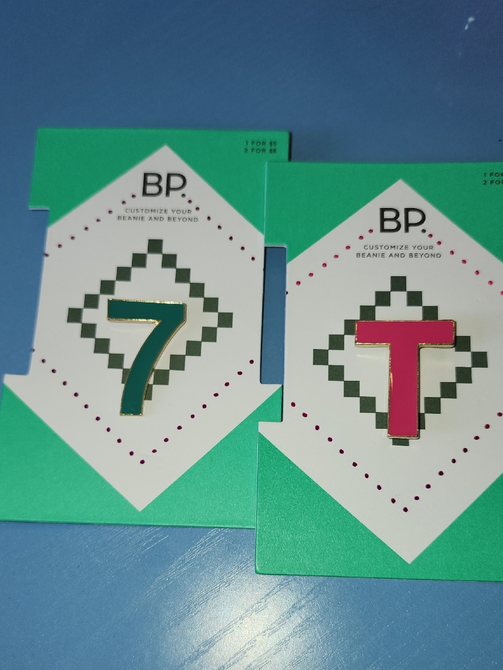 BP Gold-Edged Teal Number 7 & Pink Letter T Enamel Pin Set